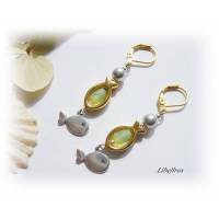 1 Paar Ohrhänger mit Fischen - Ohrringe - edel,romantisch,verspielt,maritim,nordisch - hellgrün, silber- und goldfarben Bild 1