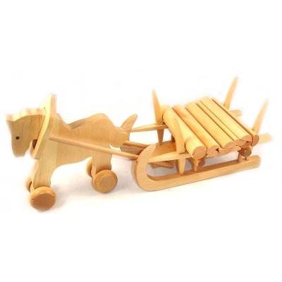 Pferd mit Brennholzschlitten, Schiebetier Hartholz