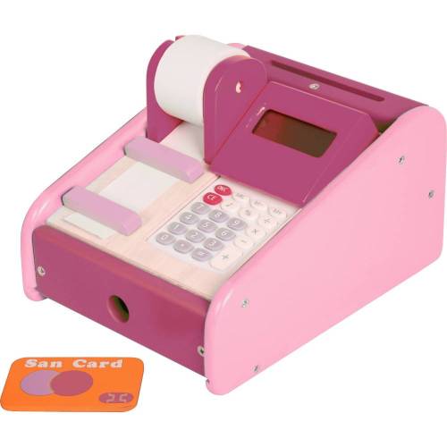 Kaufladenkasse aus Holz in pink mit Taschenrechner und Display, Kaufladenzubehör