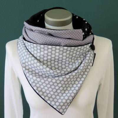 Wickelschal mit Knopf Damen Tupfen + Punkte grau weiß Knopfschal Fleece warmer Schal