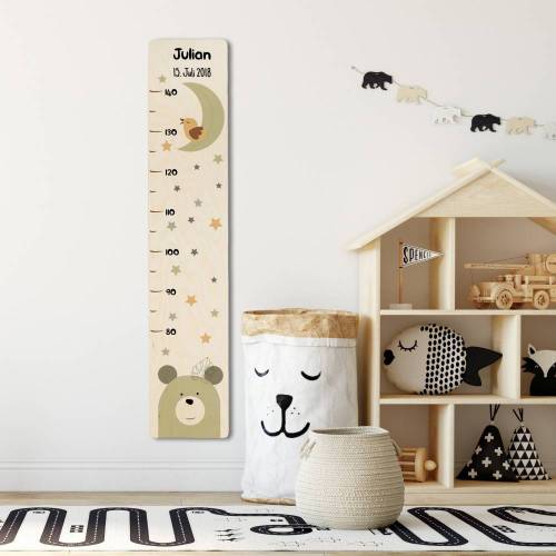 Messlatte für das Kinderzimmer, Messleiste mit Name und Datum, Geschenk zum Kindergeburtstag, Motiv: Bär mit Sternen und Mond
