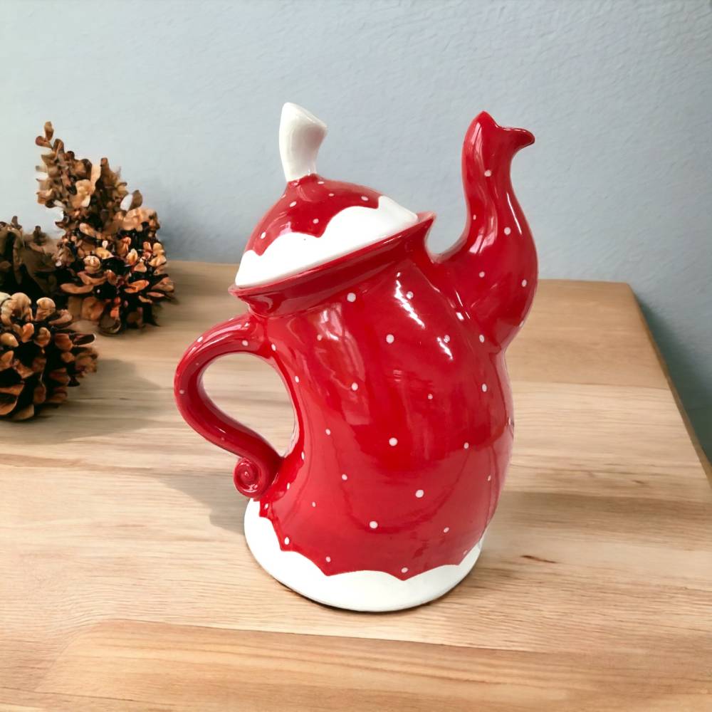 tanzende Teekanne ,rot mit weissen Punkten, 1,5l, aus Keramik, handbemalt Bild 1