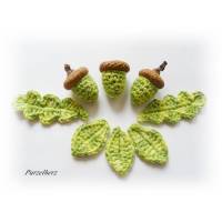8- teiliges Set Gehäkelte Eicheln mit Blättern - Herbstdeko,Tischdeko, Streudeko - herbstlich - grün,naturbraun Bild 1