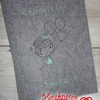 Zeugnismappe A4 gestickt, Filz , Mädchen, Luftballons, Einschulung, Zeugnisse, personalisierbar, mit Namen