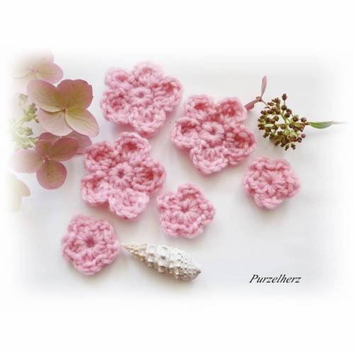 6-teiliges Häkelblumen-Set - Gastgeschenk,Häkelblumen,Tischdeko,Streudeko,Bad - dunkelrosa 