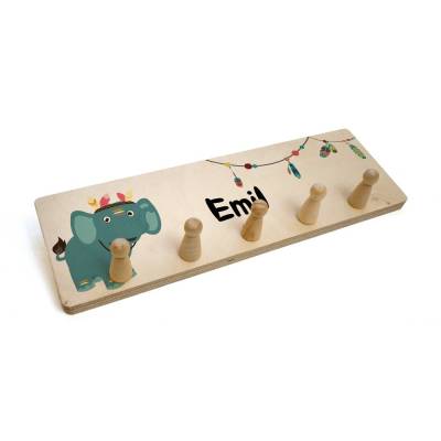 Garderobenleiste für Kinder, Kindergarderobe personalisiert mit Wunschname, Hakenleiste für Kinder, mit 4 oder 5 Haken, Motiv: Elefant