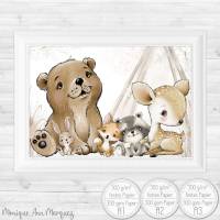 Kinderzimmer Bilder (A3) Babyzimmer Poster Waldtiere Tiere Boho Kinderbild | A3 Bild 1
