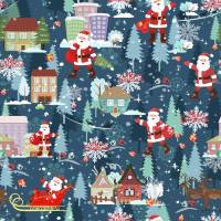 Weihnachten-Stoffe Baumwolldruck - Xmas-Weihnachtsmann mit Schlitten auf jeansblau auch für Stoffmasken Weihnachtsstoffe