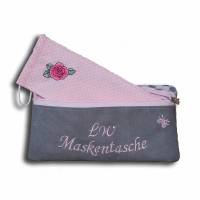Waschbare Masken-Tasche grau rosa pink Stickerei / Mundschutz-Beutel Masken-Etui mit Monogramm Damen Herren Kinder Bild 1