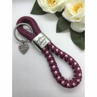 Schlüsselanhänger aus Segelseil/Segeltau, Zwischenstück: beste Mama der Welt, aubergine/rosa, versilbertes Herz am Schlüsselring Bild 1