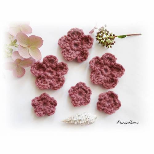 6-teiliges Häkelblumen-Set - Gastgeschenk,Giveaway,Tischdeko,Streudeko, Bad - dunkel altrosa