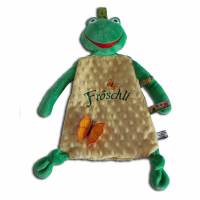Knistertuch Schmusetuch Stofftier Frosch personalisiert mit besticktem Namen aus kuschelweichem Plüsch hochwertige Qualität Bild 1