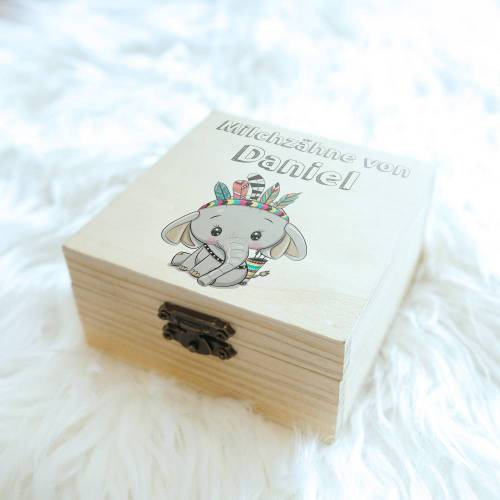 Zahnfee Dose für Milchzähne, personalisiert mit Name, Holzdose Zahndose, Geschenk zur Einschulung, Geschenk zur Geburt, Motiv: Elefant