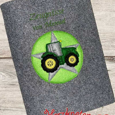 Zeugnismappe A4 gestickt, Filz , Traktor im Kreis, Trecker, Einschulung, personalisierbar, mit Namen