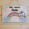 Türschild für Kinderzimmer, Kinderzimmerschild, Namensschild aus Holz personalisiert mit Name, Motiv: Regenbogen und Einhorn Bild 3