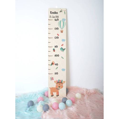 Messlatte aus Holz, für das Kinderzimmer, individuell personalisiert mit Wunschname und Geburtsdatum, Taufgeschenk, Motiv: Rehkitz