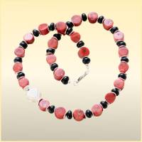 Halskette Edelsteinkette Korallenkette Schaumkoralle Onyxkette schwarz-rot Bild 1