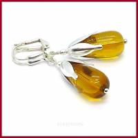 Ohrringe "Amber-Tulip" mit Tropfenperle bernstein-gelb und Tulpenkappe versilbert Bild 1
