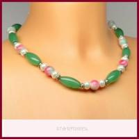 Halskette "Rosanna" grüner Aventurin, Tricolor Jade, Süsswasser-Perlen, antik silberf., Magnetverschluss Bild 1