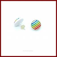 Ohrstecker/-clips "Stripes" Rainbow Cabochon gestreift in Regenbogenfarben 10mm, rote, weisse, versilberte  Fass Bild 3