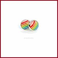 Ohrstecker/-clips "Stripes" Rainbow Cabochon gestreift in Regenbogenfarben 10mm, rote, weisse, versilberte  Fass Bild 6