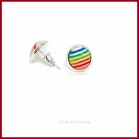 Ohrstecker/-clips "Stripes" Rainbow Cabochon gestreift in Regenbogenfarben 10mm, rote, weisse, versilberte  Fass Bild 7