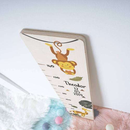 Messlatte für das Kinderzimmer, Messleiste mit Name und Datum, Geschenk zum Kindergeburtstag, Motiv: Affe und Giraffe