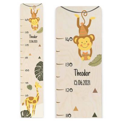 Messlatte für das Kinderzimmer, Messleiste mit Name und Datum, Geschenk zum Kindergeburtstag, Motiv: Affe und Giraffe