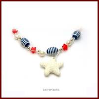 Kette Halsband "Stella Maris" blau-weiß-gestreift, rot, mit Seestern-Anhänger, versilbert Bild 3