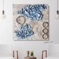 Acrylbild mit brüchiger spannenden Struktur, Collage mit Steinen und Papier in Blau und Nougat, Wanddekoration auf Leinwand Bild 1