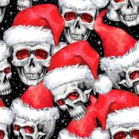 Weihnachtsstoffe Baumwolldruck Xmas Totenkopf mit Nikolausmütze Skulls Totenköpfe Skulis rot weiß schwarz Helloween Bild 1