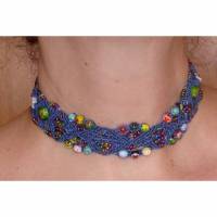 Blaues Makramee - Halsband mit Millefiorie - Perlen Bild 1