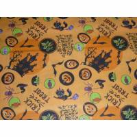 9,80 EUR/m Stoff - Baumwolle Halloween / Kürbis, Fledermaus, Katze, Schloß auf orange Bild 1
