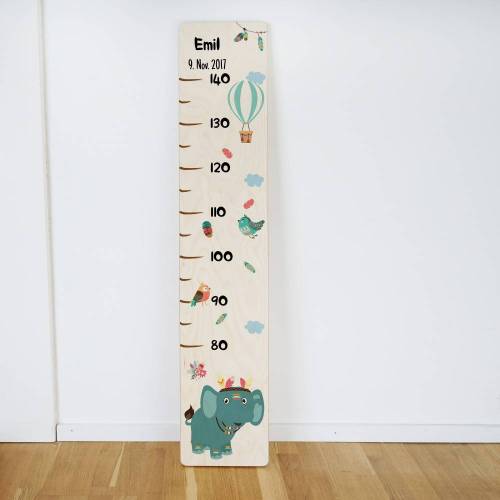 Holz - Messlatte für Kinder, individuell personalisiert mit Wunschname und Geburtsdatum, Taufgeschenk, Motiv: Elefant