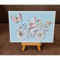 Geburtstagskarte " süßer Hase auf einem Fahrrad " Schmetterling Bild 1
