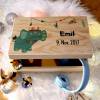 personalisierbar Erinnerungskiste mit Geburtsdaten und Namen für Kinder, aus Holz, Holzbox, individuelle Holzkiste mit Deckel, Elefant Bild 1
