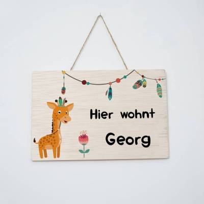 Namensschild für Tür, Türschild für Kinderzimmer, Geschenk für Kinder, "Hier wohnt"-Schild aus Holz mit Wunschname, Motiv: Giraffe