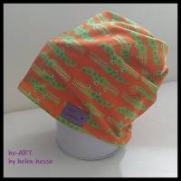 Beanie-Loop für Kleinkinder - gleichzeitig Mütze und Loop - KU 46, genäht aus Jersey in orange-hellgrün, von he-ART by helen hesse Bild 1