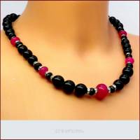 Halskette "Jaglaia" pink Jade, Onyx schwarz, Strass, versilbert,Magnetverschluss Bild 4