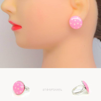 Schmuckset "Polka Dots" Ring und Ohrstecker oder -clips, Cabochon rosa mit weißen Punkten, versilbert