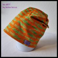 Beanie-Loop für Kleinkinder - gleichzeitig Mütze und Loop - KU 48, genäht aus Jersey in orange-hellgrün, von he-ART by helen hesse Bild 1