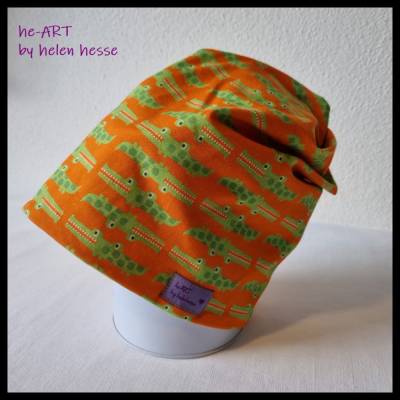 Beanie-Loop für Kleinkinder - gleichzeitig Mütze und Loop - KU 48, genäht aus Jersey in orange-hellgrün, von he-ART by helen hesse
