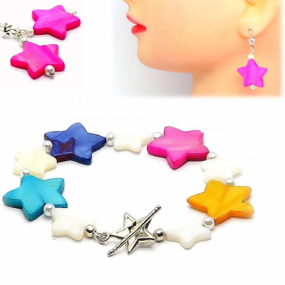 Schmuckset "Stella" Perlmutt-Sterne,  Armband und Ohrringe, pink, türkis, weiß, blau, gelb mit Perlen, versilber