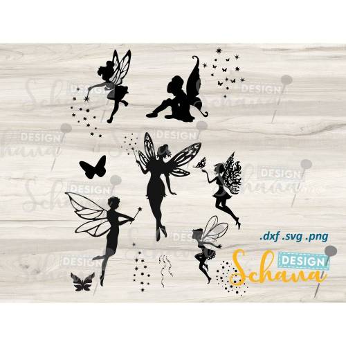 Feen 6-er Set Variation 2 - Plotterdatei - SVG DXF PNG eps Digistamp mit Accessoire Items - Fee Clipart - Wandsticker - Plotter - Bügelbild - Silhouette Fee