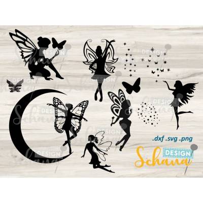 Feen 6-er Set Variation 3 - Plotterdatei - SVG DXF PNG eps Digistamp mit Accessoire Items - Fee Clipart - Wandsticker - Plotter - Bügelbild - Silhouette Fee