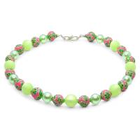 "Mayflower" Halskette im frischen Sommerdesign mit hellgrünen Polaris- /Glaswachsperlen und floralen Fimo-Perlen Bild 2
