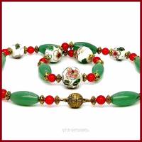Halskette "Juliska" Aventurin Jade Cloisonné rot grün weiß antik vergoldet Magnetverschluss Bild 1