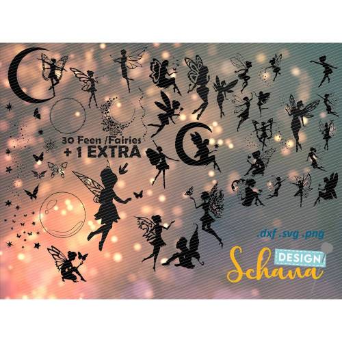 Plotterdatei Feen MEGA Set 31 Feen mit Deko Accessoire Items - SVG DXF PNG eps Digistamp mit Accessoire Items - Fee Clipart - Wandsticker - Plotter - Bügelbild - Silhouette Fee 30 Feen plus Bonusfee