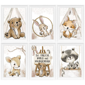 Kinderzimmer Bilder Babyzimmer Poster Waldtiere Tiere Boho Kinderbild | A4