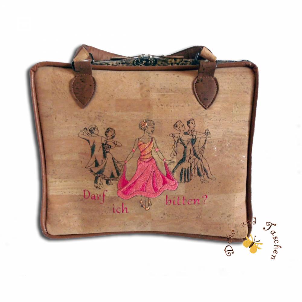 Große bestickte naturfarbene Korktaschen Handtaschen Taschen mit Stickerei Tanzen Tanzschuhtasche Geschenkidee Damen Bild 1